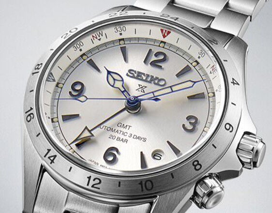 Seiko Prospex Alpinist GMT watch with silver dial, 3-day automatic movement and compass bezel